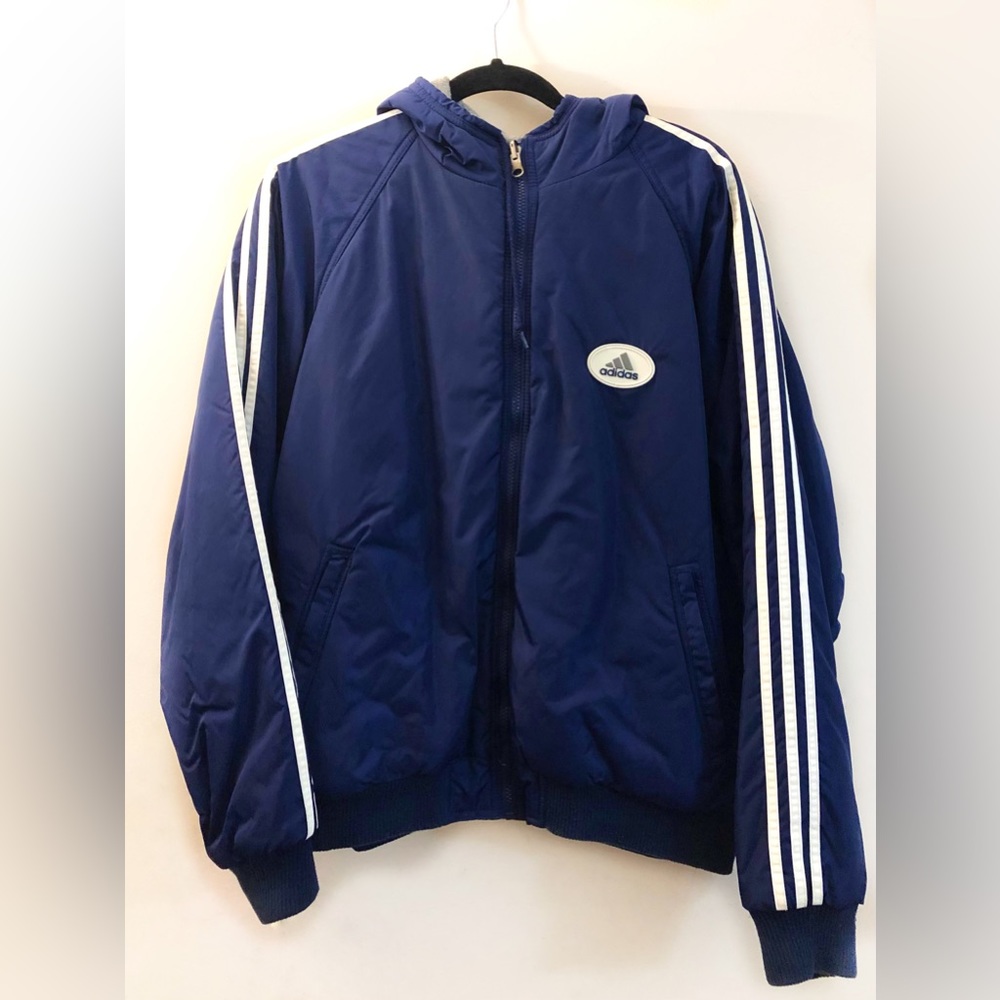 Vintage 90s Adidas reversible insulated jacket hooded. Navy / grey. Mens womens